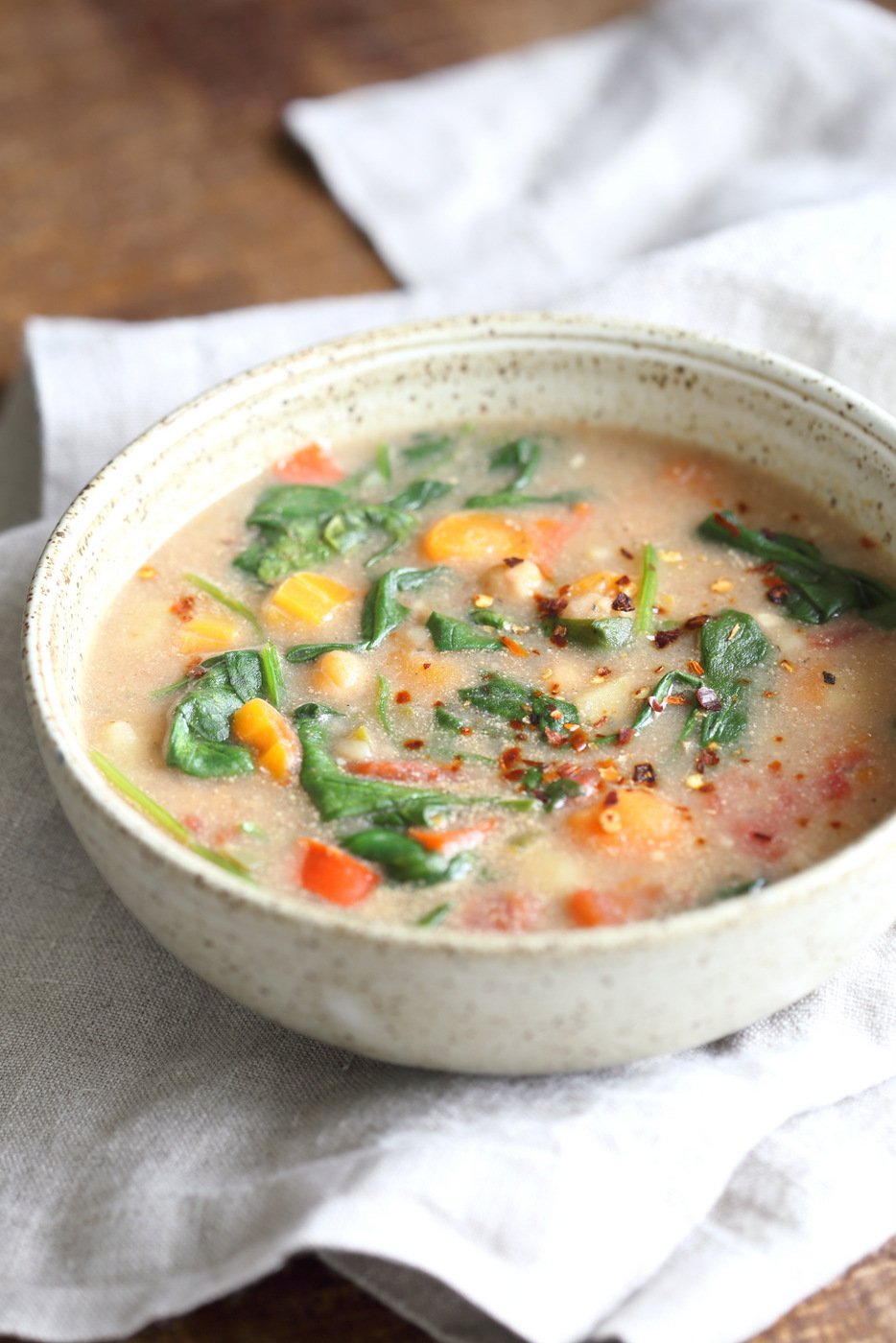 Veggie Chickpea Potato Soup in Instant Pot. Creamy Potato Chickpea Spinach soup. Saucepan option. #Vegan #Glutenfree #Soyfree #Nutfree #Recipe #veganricha  | VeganRicha.com