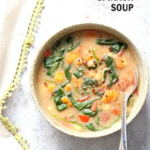Veggie Chickpea Potato Soup in Instant Pot. Creamy Potato Chickpea Spinach soup. Saucepan option. #Vegan #Glutenfree #Soyfree #Nutfree #Recipe #veganricha  | VeganRicha.com