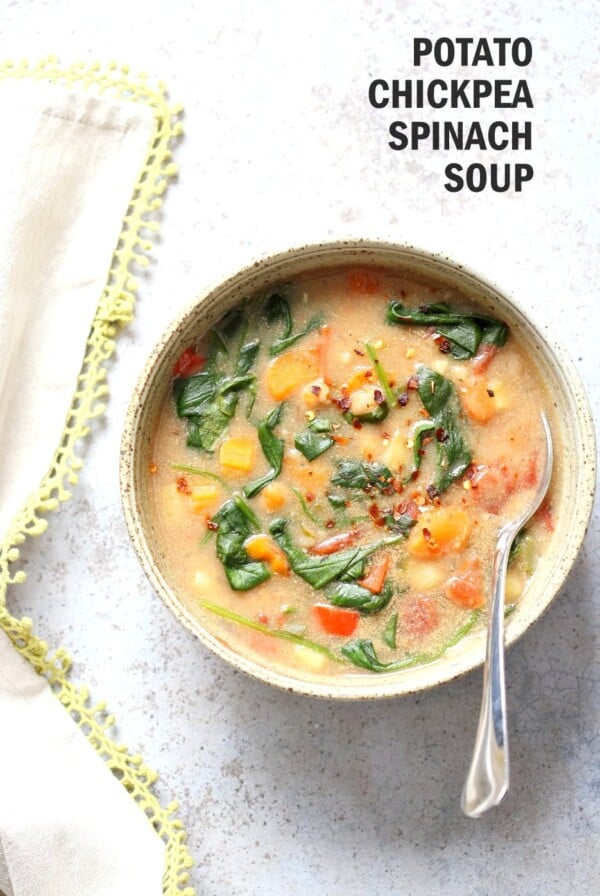 Veggie Chickpea Potato Soup in Instant Pot. Creamy Potato Chickpea Spinach soup. Saucepan option. #Vegan #Glutenfree #Soyfree #Nutfree #Recipe #veganricha  | VeganRicha.com