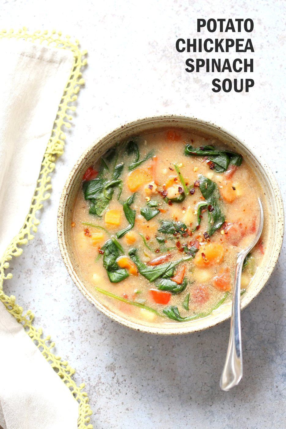 Veggie Chickpea Potato Soup in Instant Pot. Creamy Potato Chickpea Spinach soup. Saucepan option. #Vegan #Glutenfree #Soyfree #Nutfree #oilfree #Recipe #veganricha  | VeganRicha.com