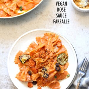 Vegan Rose Sauce Farfalle Pasta with Roasted Veggies. Easy Vegan Rose Sauce, serve with farfalle or other pasta, roasted veggies and vegan parm. #Vegan #veganricha #Soyfree #Recipe. Can be #glutenfree | VeganRicha.com