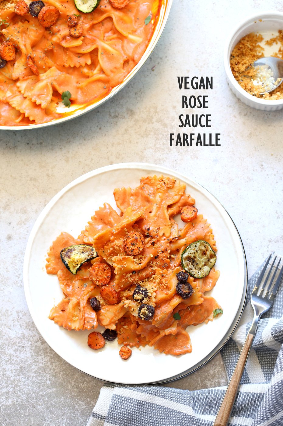 Vegan Rose Sauce Farfalle Pasta with Roasted Veggies. Easy Tomato Cream Sauce, serve with farfalle or other pasta, roasted veggies and vegan parm. #Vegan #veganricha #Soyfree #Recipe. Can be #glutenfree #nutfree | VeganRicha.com