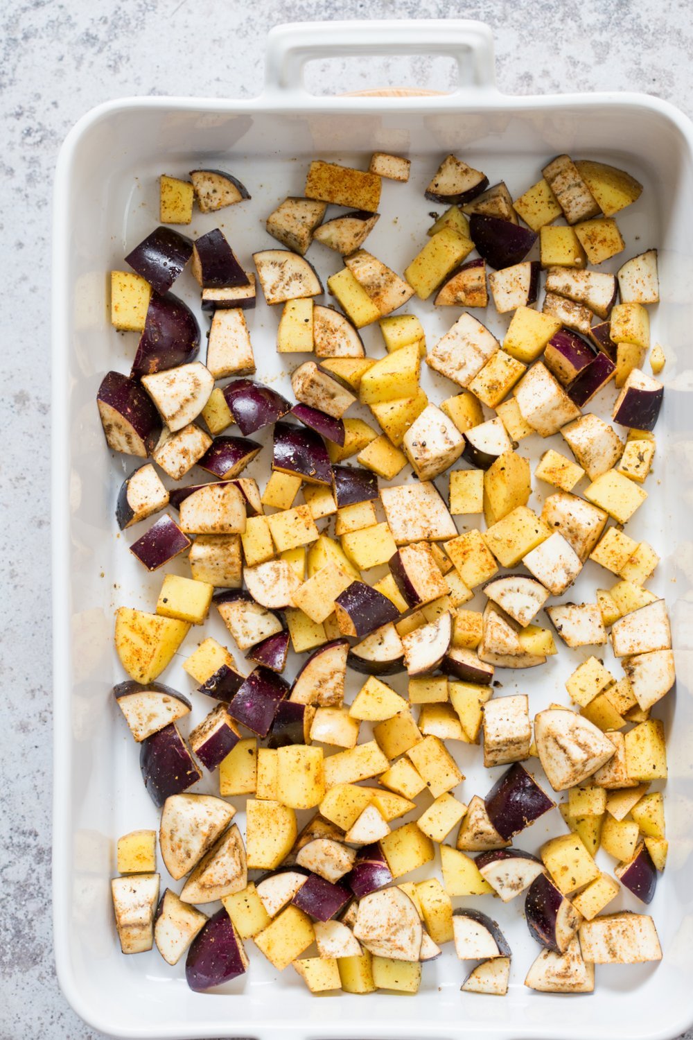 Roasted Eggplant Potatoes Chickpeas with Moroccan Merguez seasoning. Veggies tossed in Merguez blend, roasted then served with tahini dressing. #Vegan #Glutenfree #soyfree #Recipe #veganricha | VeganRicha.com