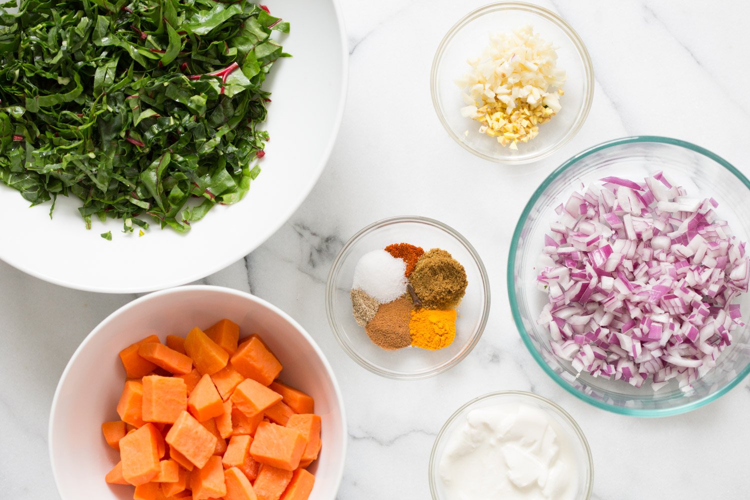 Instant Pot Saag Aloo with Chard and Sweet Potatoes. Sweet Potato Chard/Spinach curry. Serve this easy side with dals or curries or add to a bowl. #Vegan #soyfree #Glutenfree #Recipe easily #nutfree| VeganRicha.com