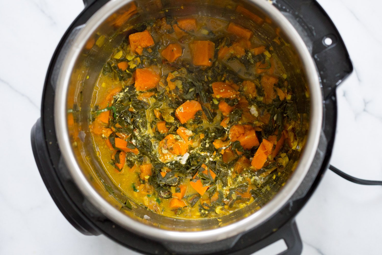 Instant Pot Saag Aloo with Chard and Sweet Potatoes. Sweet Potato Chard/Spinach curry. Serve this easy side with dals or curries or add to a bowl. #Vegan #soyfree #Glutenfree #Recipe easily #nutfree| VeganRicha.com