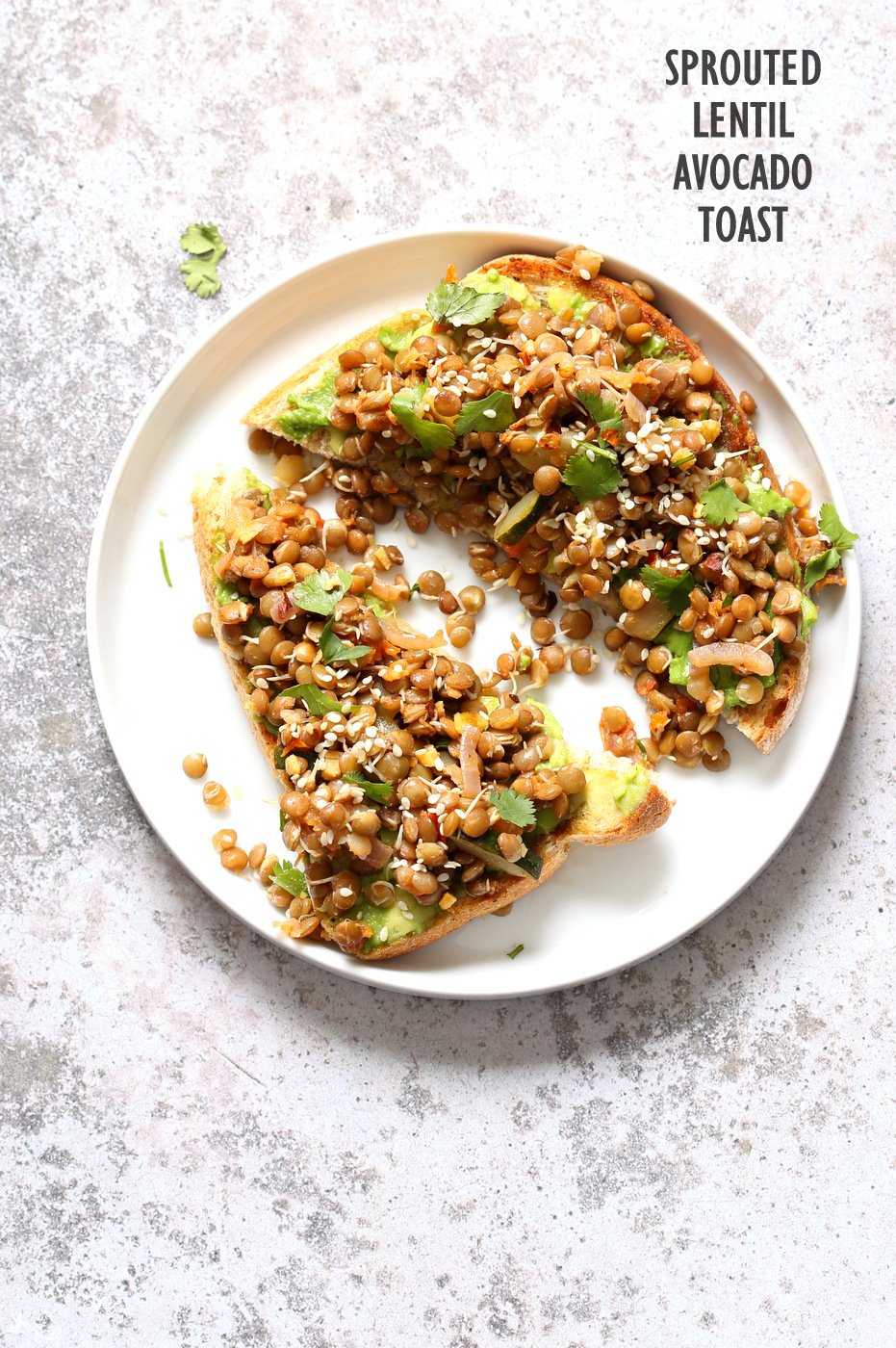 Ginger Coriander Sprouted Lentils Avocado Toast. 16 Gm Protein per serve. Sprout Lentils or Mung Beans, Lightly saute with ginger, onion and tomato and serve over Mashed Avocado Toast. #Vegan #veganricha #Nutfree #Soyfree #Recipe | VeganRicha.com