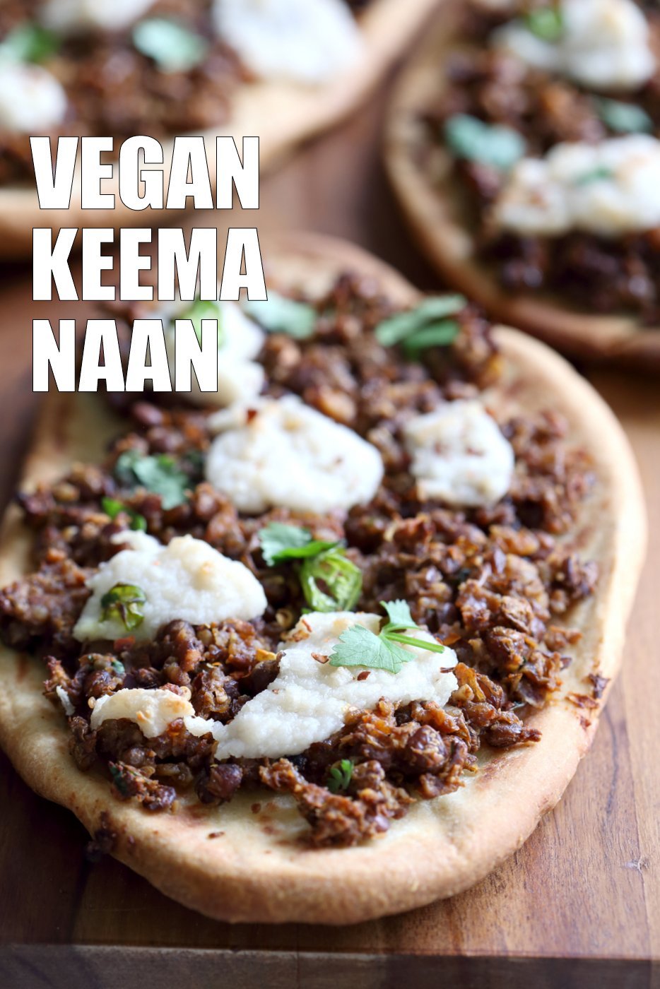 Vegan Keema Naan with Keema Lentils, onion, carrots and walnuts. These lentils with the herbs and spices make a vegan version of keema. Serve over Naan bread or Pizza or fill tacos or wraps. #Vegan #Recipe #veganricha, Can be gluten-free and soy free.  | VeganRicha,com