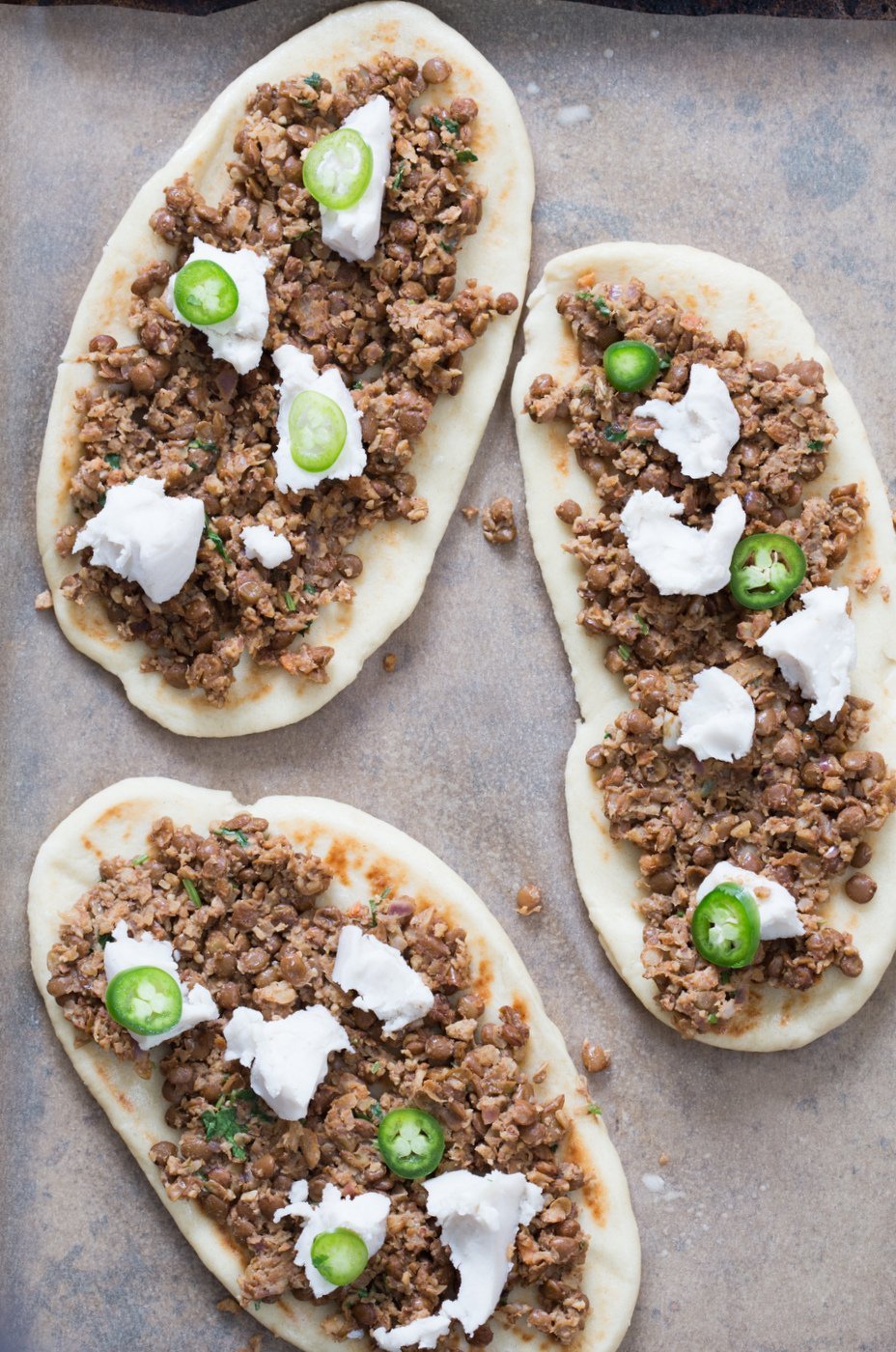 Vegan Keema Naan with Keema Lentils, onion, carrots and walnuts. These lentils with the herbs and spices make a vegan version of keema. Serve over Naan bread or Pizza or fill tacos or wraps. #Vegan #Recipe #veganricha, Can be gluten-free and soy free.  | VeganRicha,com