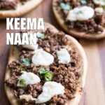 Vegan Keema Naan with Keema Lentils, onion, carrots and walnuts. These lentils with the herbs and spices make a vegan version of keema. Serve over Naan bread or Pizza or fill tacos or wraps. #Vegan #Recipe #veganricha, Can be gluten-free and soy free.  | VeganRicha,com