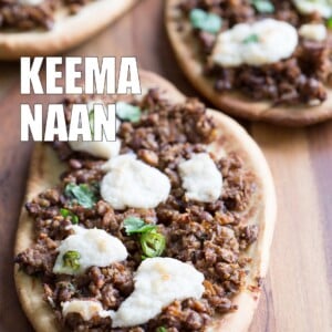 Vegan Keema Naan with Keema Lentils, onion, carrots and walnuts. These lentils with the herbs and spices make a vegan version of keema. Serve over Naan bread or Pizza or fill tacos or wraps. #Vegan #Recipe #veganricha, Can be gluten-free and soy free.  | VeganRicha,com