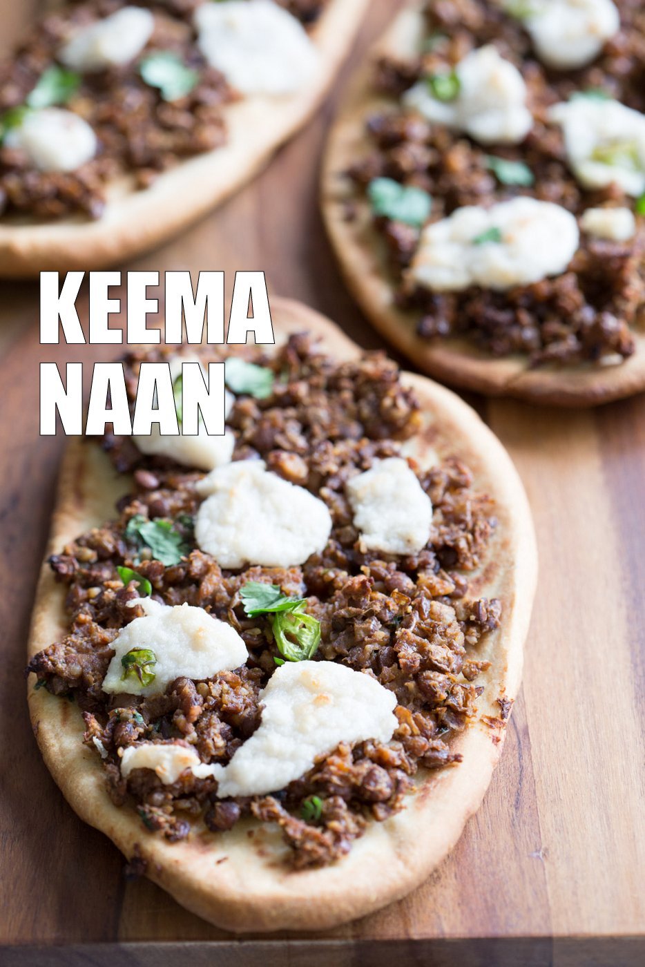 Vegan Keema Naan with Keema Lentils, onion, carrots and walnuts. These lentils with the herbs and spices make a vegan version of keema. Serve over Naan bread or Pizza or fill tacos or wraps. #Vegan #Recipe #veganricha, Can be gluten-free and soy free.  | VeganRicha,com