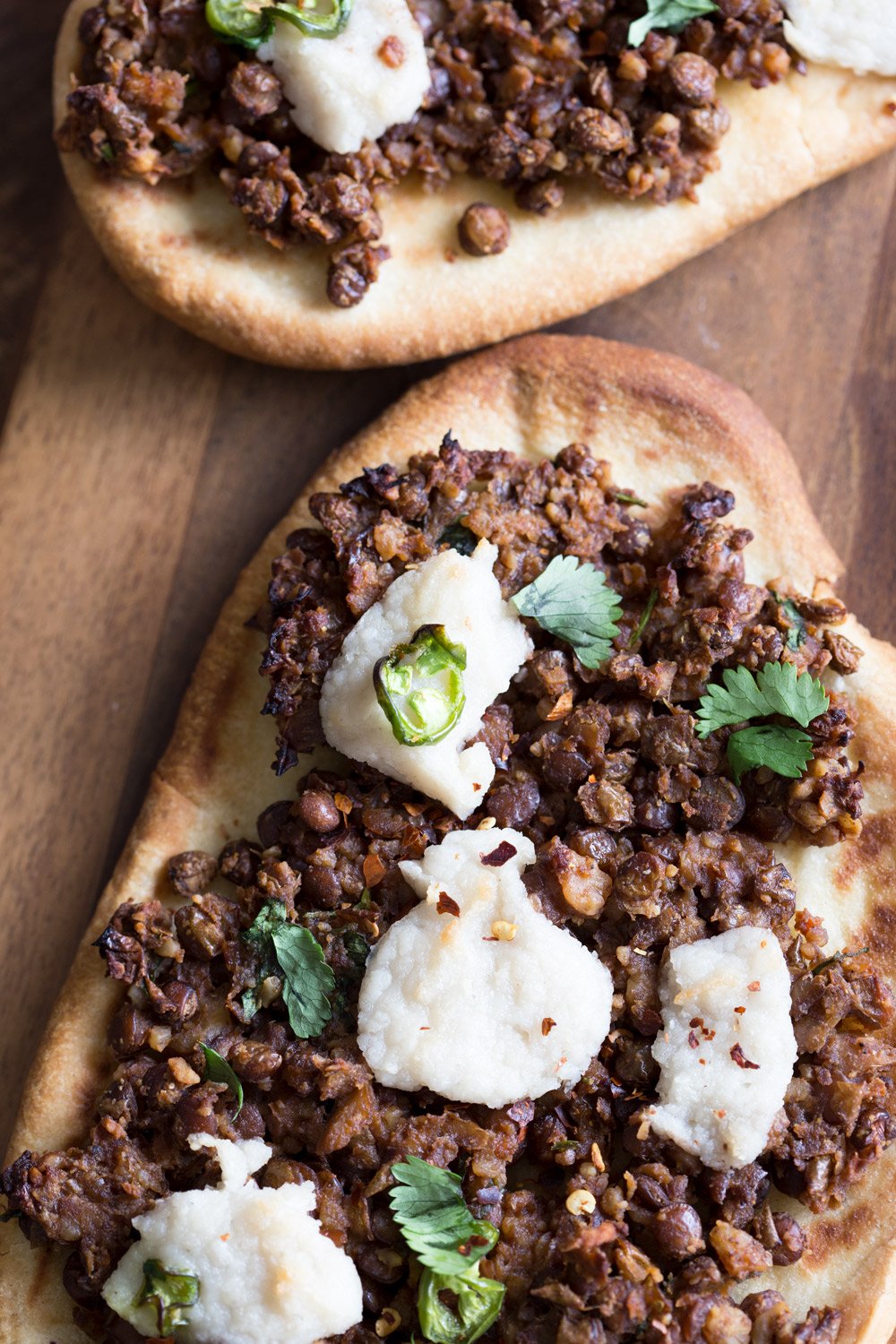 Vegan Keema Naan with Keema Lentils, onion, carrots and walnuts. These lentils with the herbs and spices make a vegan version of keema. Serve over Naan bread or Pizza or fill tacos or wraps. #Vegan #Recipe #veganricha, Can be gluten-free and soy free.  | VeganRicha,com