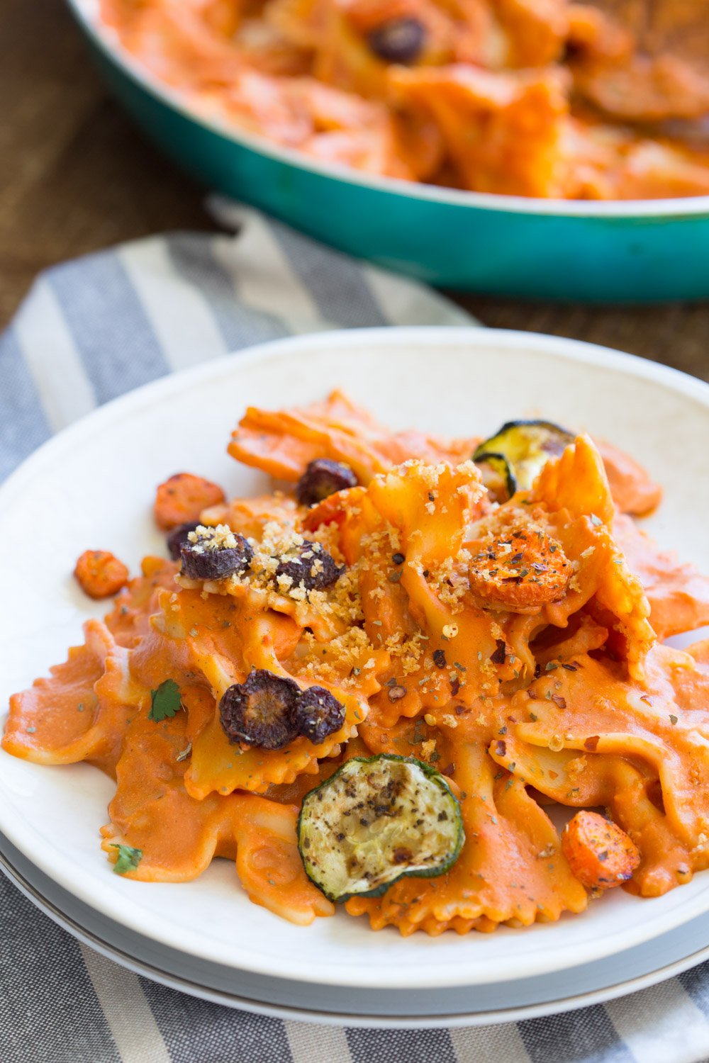 Vegan Rose Sauce Farfalle Pasta with Roasted Veggies. Easy Vegan Rose Sauce, serve with farfalle or other pasta, roasted veggies and vegan parm. #Vegan #veganricha #Soyfree #Recipe. Can be #glutenfree #nutfree | VeganRicha.com