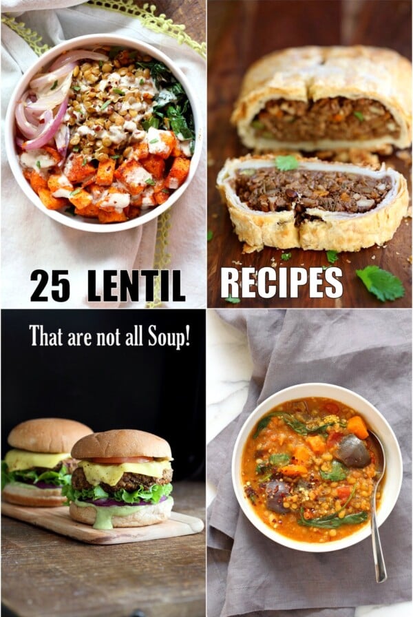 25 Easy Lentil Recipes that are not all Lentil Soup. Brown, green, Red Lentils in Bowls, tacos, Soups, enchiladas, sloppy sandwiches, lentil fritters, casseroles and more. Vegan Glutenfree Soyfree Recipe #vegan #veganricha