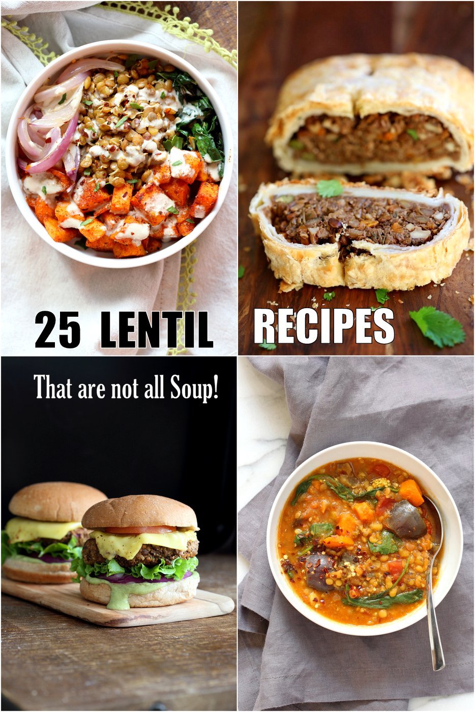 25 Easy Lentil Recipes that are not all Lentil Soup. Brown, green, Red Lentils in Bowls, tacos, Soups, enchiladas, sloppy sandwiches, lentil fritters, burger patties, casseroles and more. Vegan #Glutenfree #Soyfree #nutfree options #vegan #veganricha