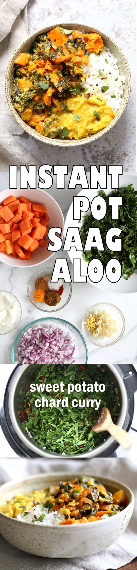 Instant Pot Saag Aloo with Chard and Sweet Potatoes. Sweet Potato Chard/Spinach curry. Serve this easy side with dals or curries or add to a bowl. #Vegan #veganricha #soyfree #Glutenfree #Recipe easily #nutfree | VeganRicha.com