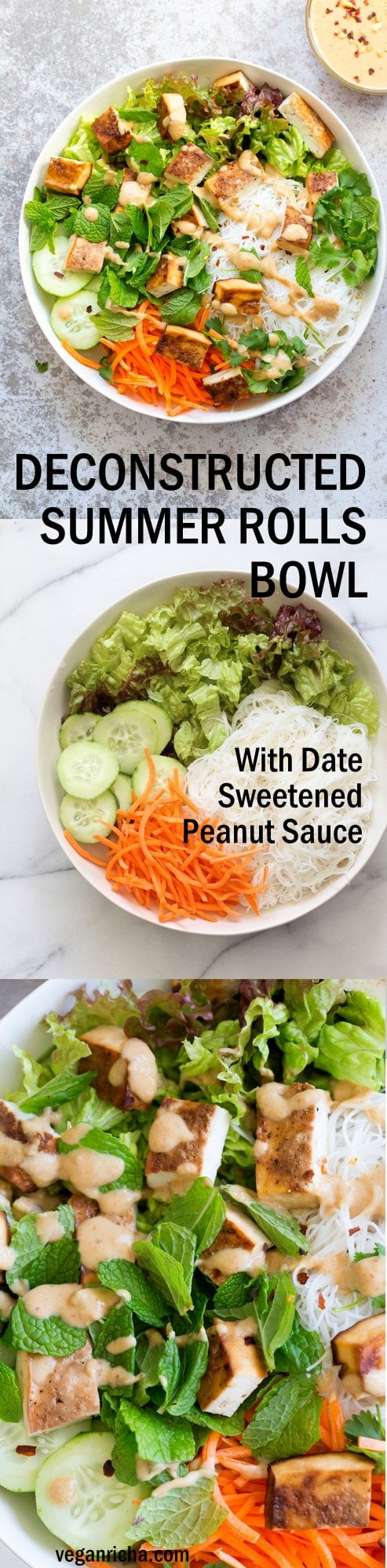Crunchy Veggie Vegan Summer Rolls Deconstructed into a Bowl. Served with Peanut Butter Dipping Sauce. Fresh Spring Rolls/ Rice paper rolls in a bowl. Make a bowl, wrap or fill up rice paper wrappers. #Vegan #Glutenfree #Oilfree #refinedSugarFree #Recipe #veganricha Use Sunbutter to make #nutfree | VeganRicha.com