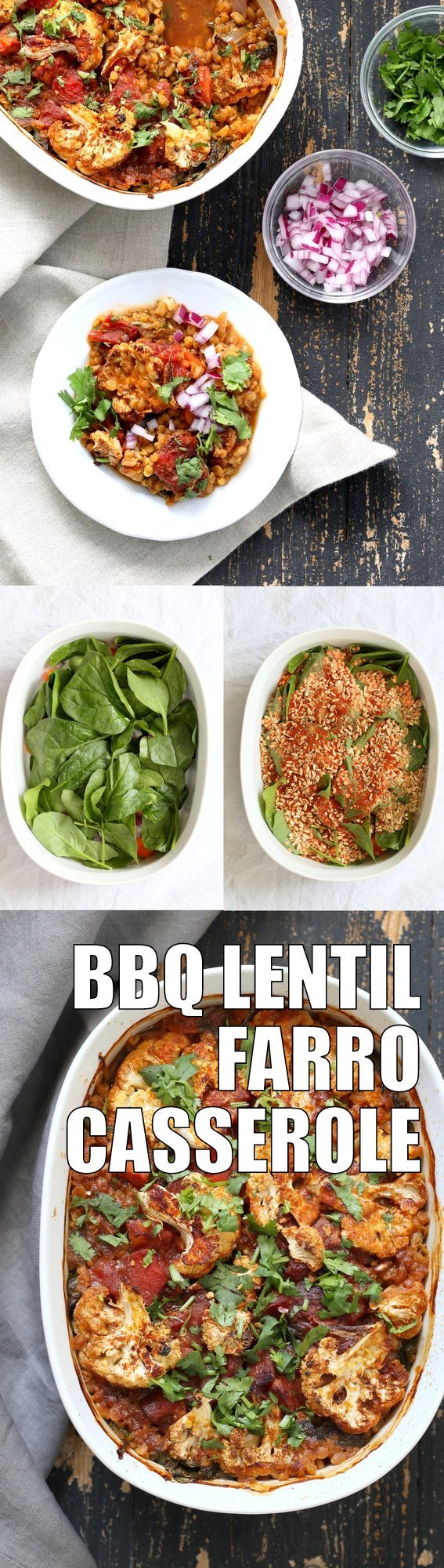 BBQ Lentil Farro Cauliflower Casserole. BBQ Casserole with Red Lentils, Farro, Veggies, Spinach, Cauliflower all layered and baked. Amazing Flavors! #Vegan #Glutenfree #Nutfree #Recipe. Can be soyfree #veganricha | VeganRicha.com