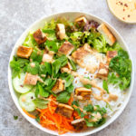 Crunchy Veggie Vegan Summer Rolls Deconstructed into a Bowl. Served with Peanut Butter Dipping Sauce. Fresh Spring Rolls/ Rice paper rolls in a bowl. Make a bowl, wrap or fill up rice paper wrappers. #Vegan #Glutenfree #Recipe #veganricha Use Sunbutter to make #nutfree | VeganRicha.com 