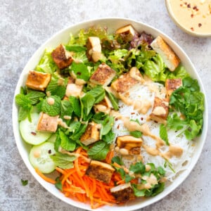 Crunchy Veggie Vegan Summer Rolls Deconstructed into a Bowl. Served with Peanut Butter Dipping Sauce. Fresh Spring Rolls/ Rice paper rolls in a bowl. Make a bowl, wrap or fill up rice paper wrappers. #Vegan #Glutenfree #Recipe #veganricha Use Sunbutter to make #nutfree | VeganRicha.com 