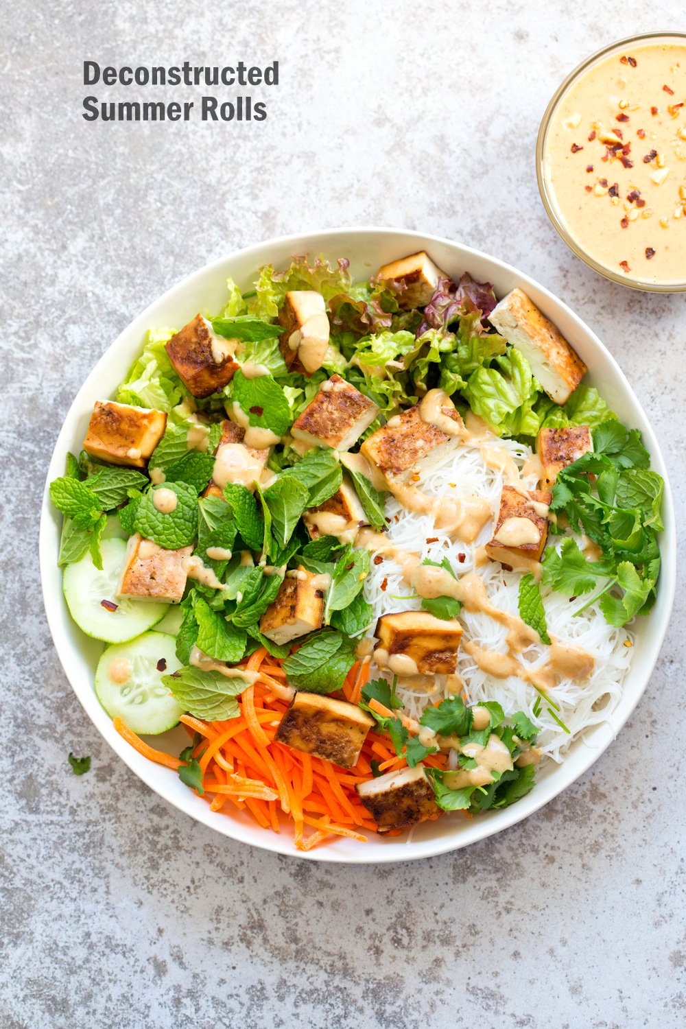 Crunchy Veggie Vegan Summer Rolls Deconstructed into a Bowl. Served with Peanut Butter Dipping Sauce. Fresh Spring Rolls/ Rice paper rolls in a bowl. Make a bowl, wrap or fill up rice paper wrappers. #Vegan #Glutenfree #oilfree #refinedsugarfree #Recipe #veganricha Use Sunbutter to make #nutfree | VeganRicha.com
