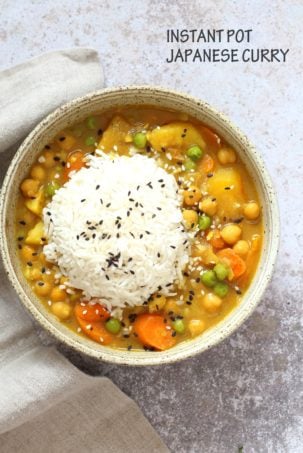 Vegan Japanese Curry made in Instant Pot Pressure cooker. Flavorful, Comforting, Vegetable Rich Curry for Weekday Dinner. Saucepan Option. #Vegan, #veganricha #glutenfree, #nutfree #Recipe. Can be #soyfree | VeganRicha.com