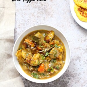 Lentil Fritters in Eggplant, Sweet Potato Coconut Stew - Bengali Inspired Chapor Ghonto. Indian Veggie Stew with Moong Dal patties. #Vegan #Glutenfree #Indian #Recipe #veganricha | VeganRicha.com