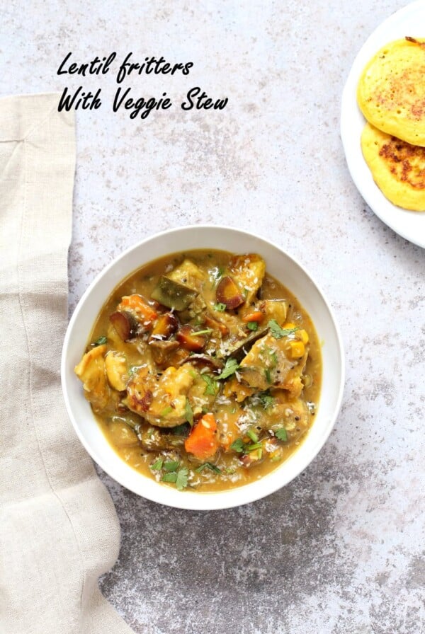 Lentil Fritters in Eggplant, Sweet Potato Coconut Stew - Bengali Inspired Chapor Ghonto. Indian Veggie Stew with Moong Dal patties. #Vegan #Glutenfree #Indian #Recipe #veganricha | VeganRicha.com