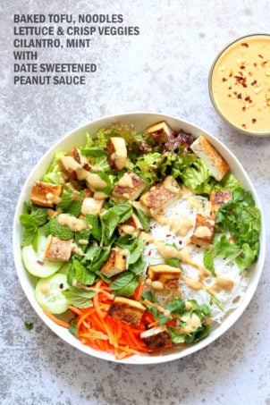 Crunchy Veggie Vegan Summer Rolls Deconstructed into a Bowl. Served with Peanut Butter Dipping Sauce. Fresh Spring Rolls/ Rice paper rolls in a bowl. Make a bowl, wrap or fill up rice paper wrappers. #Vegan #Glutenfree #Recipe #veganricha Use Sunbutter to make #nutfree | VeganRicha.comย