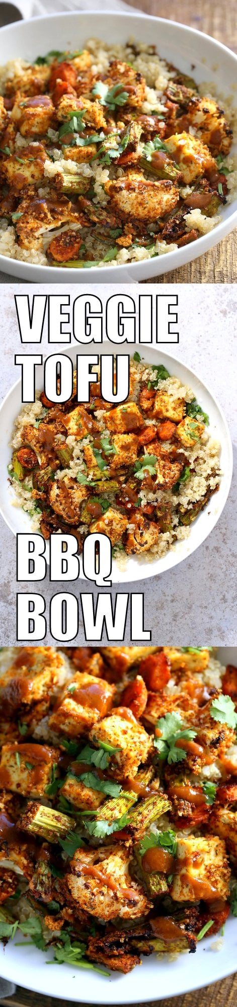 Tofu and Veggie BBQ Bowl. Veggies and Tofu tossed in from scratch barbecue seasoning and baked. Serve over quinoa dressed with BBQ sauce. #Vegan #Glutenfree #Nutfree #Recipe #veganricha