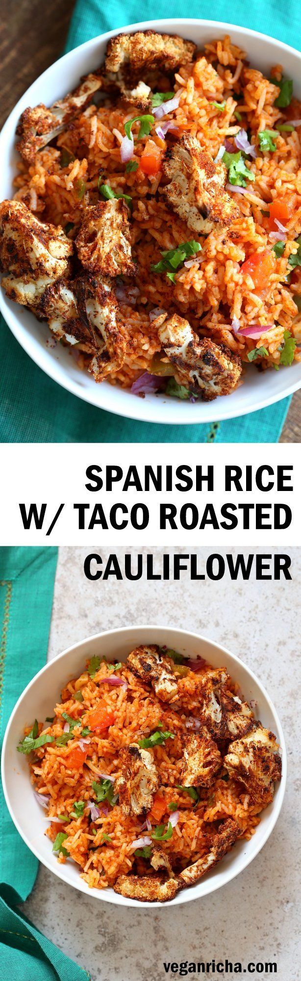 Easy Vegan Spanish Rice Bowl with Taco Roasted Cauliflower. Everyday Meal with everyday ingredients. Make into burrito. 30 Mins Easily Oilfree #veganricha #Vegan #Glutenfree #Nutfree #Soyfree #Recipe | VeganRicha.com