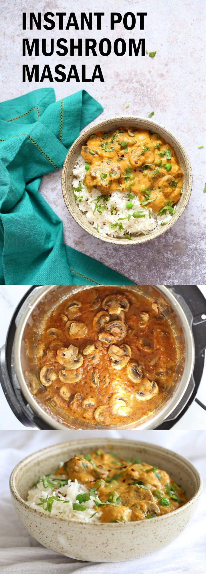 Instant Pot Mushroom Masala. Easy Mushrooms and peas in Creamy Sauce made in an Instant Pot. Add chickpeas for a hearty meal. #Vegan #Gluten-free #Soyfree #Recipe. Can be #nutfree  #VeganRicha