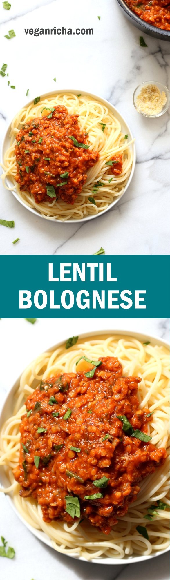 This Lentil Bolognese Sauce is hearty with Red lentils and Mushrooms and great with Spaghetti or other pasta. 22 Gm of Protein, 30 Minutes #Vegan #Soyfree #Nutfree #Recipe #VeganRicha. Can be gluten-free with #glutenfree #pasta | VeganRicha.com