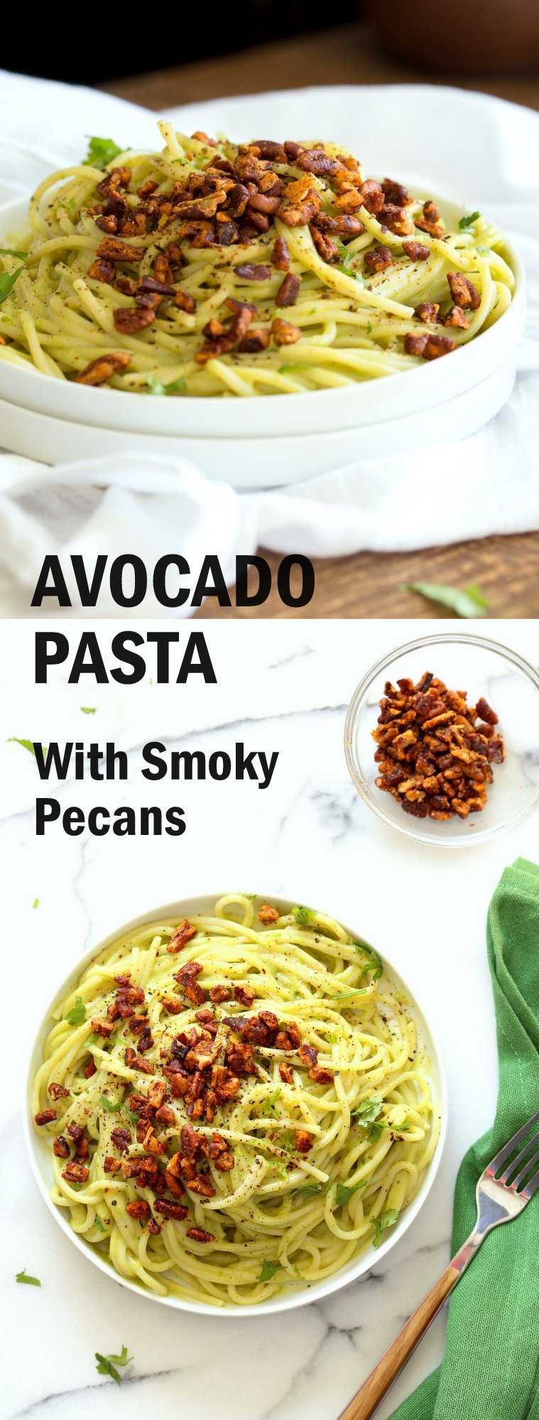Vegan Avocado Pasta with Smoky Pecans. This 20 Minute Creamy Avocado Basil Sauce is great over spaghetti or zoodles. Serve with smoky spicy pecans for amazing flavor.  #Vegan #Soyfree #Recipe. Can be #nutfree. #veganricha | VeganRicha.com