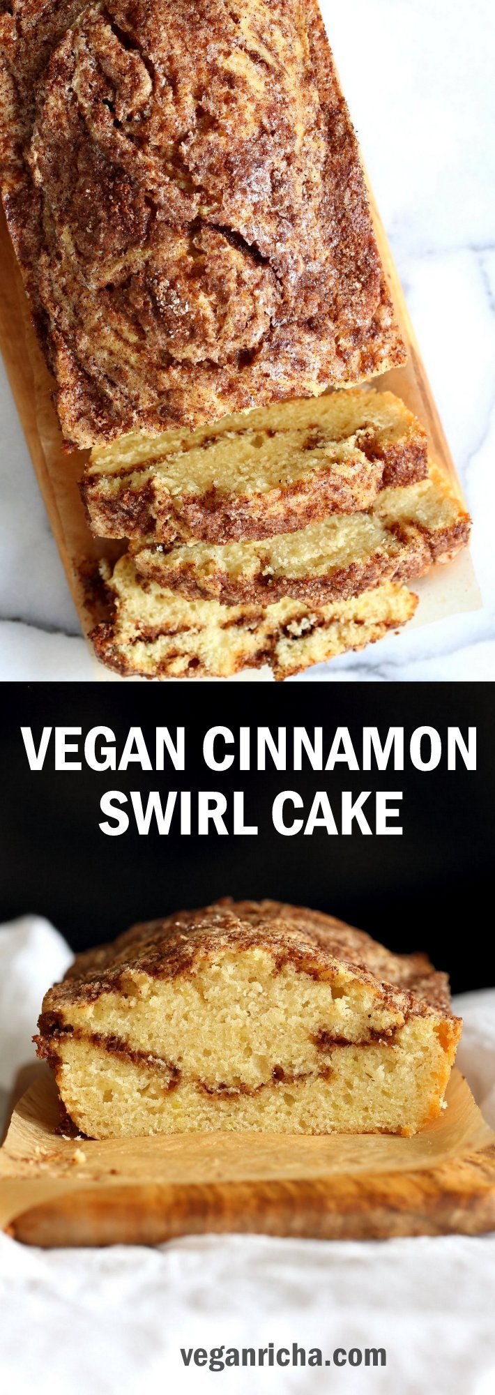 This Vegan Cinnamon Swirl Cake is super Easy and Quick. A simple yellow cake, swirled with cinnamon sugar makes for a delightful treat. Glutenfree option. Add some nuts into the swirl for variation #Vegan #Nutfree #Soyfree #Dessert #Recipe #veganricha | VeganRicha.com
