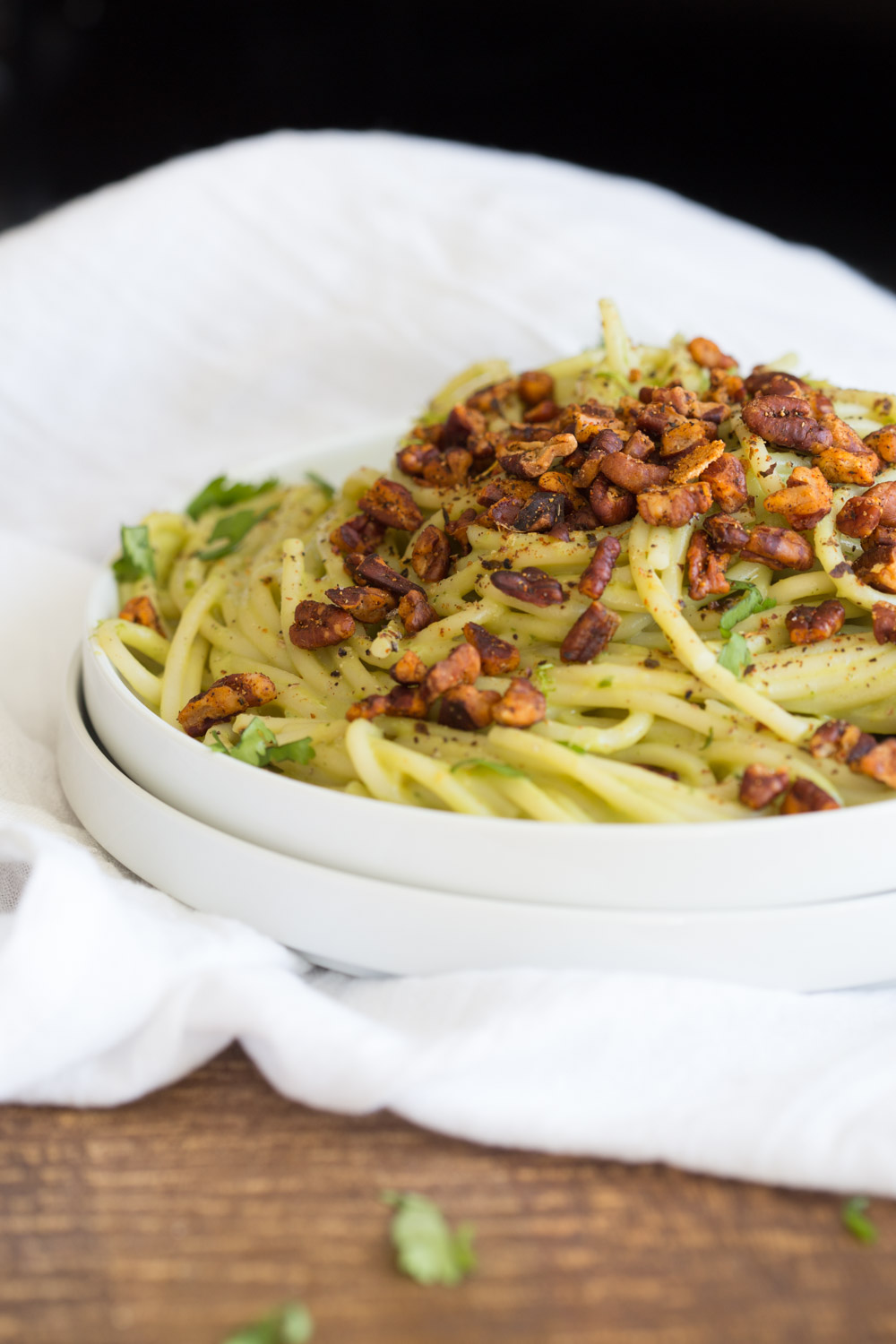 Avocado Pasta with Smoky Pecans. This 20 Minute Creamy Avocado Basil Sauce is great over spaghetti or zoodles. Serve with smoky spicy pecans for amazing flavor.  #Vegan #Soyfree #Recipe. Can be #nutfree. #veganricha | VeganRicha.com