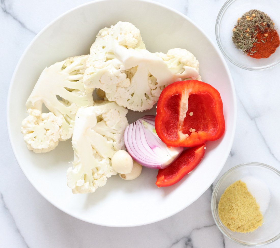 Ingredients for Our Vegan Instant Pot Cauliflower Soup in Bowls