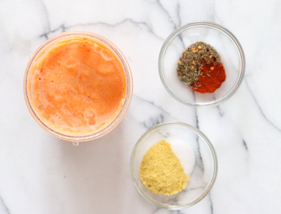 Blended cauliflower and pepper for Our Vegan Instant Pot Cauliflower Soup