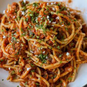 close-up of lentil bolognese with spaghetti in a bowl
