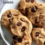Vegan Paleo Grain free Chocolate Chip Cookies with Coconut flour and Almond Butter. These fudgy cookies are a perfect treat or snack. No refined oil and no refined sugar. #Vegan #Glutenfree #Grainfree #paleo #Recipe #veganricha | VeganRicha.com