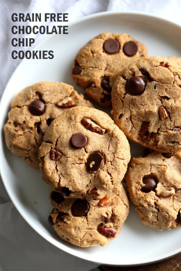 Vegan Paleo Grain free Chocolate Chip Cookies with Coconut flour and Almond Butter. These fudgy cookies are a perfect treat or snack. No refined oil and no refined sugar. #Vegan #Glutenfree #Grainfree #paleo #Recipe #veganricha | VeganRicha.com