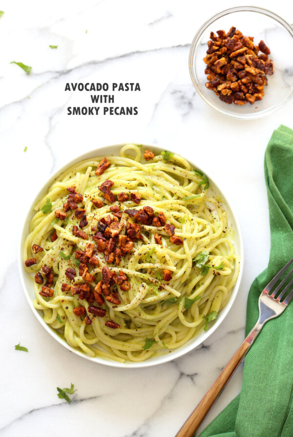 Avocado Pasta with Smoky Pecans. This 20 Minute Creamy Avocado Basil Sauce is great over spaghetti or zoodles. Serve with smoky spicy pecans for amazing flavor.  #Vegan #Soyfree #Recipe. Can be #nutfree. #veganricha | VeganRicha.com