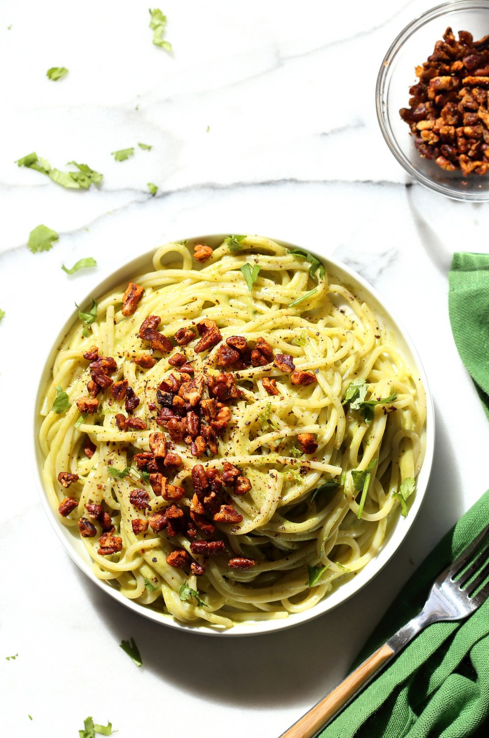 Avocado Pasta with Smoky Pecans. This 20 Minute Creamy Avocado Basil Sauce is great over spaghetti or zoodles. Serve with smoky spicy pecans for amazing flavor.  #Vegan #Soyfree #Recipe. Can be #nutfree. #veganricha | VeganRicha.com