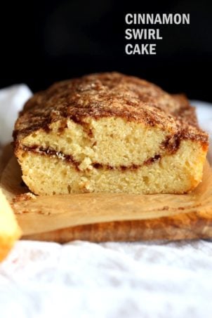 This Vegan Cinnamon Swirl Cake is super Easy and Quick. A simple yellow cake, swirled with cinnamon sugar makes for a delightful treat. Add some nuts into the swirl for variation #Vegan #Nutfree #Soyfree #Dessert #Recipe #veganricha | VeganRicha.com