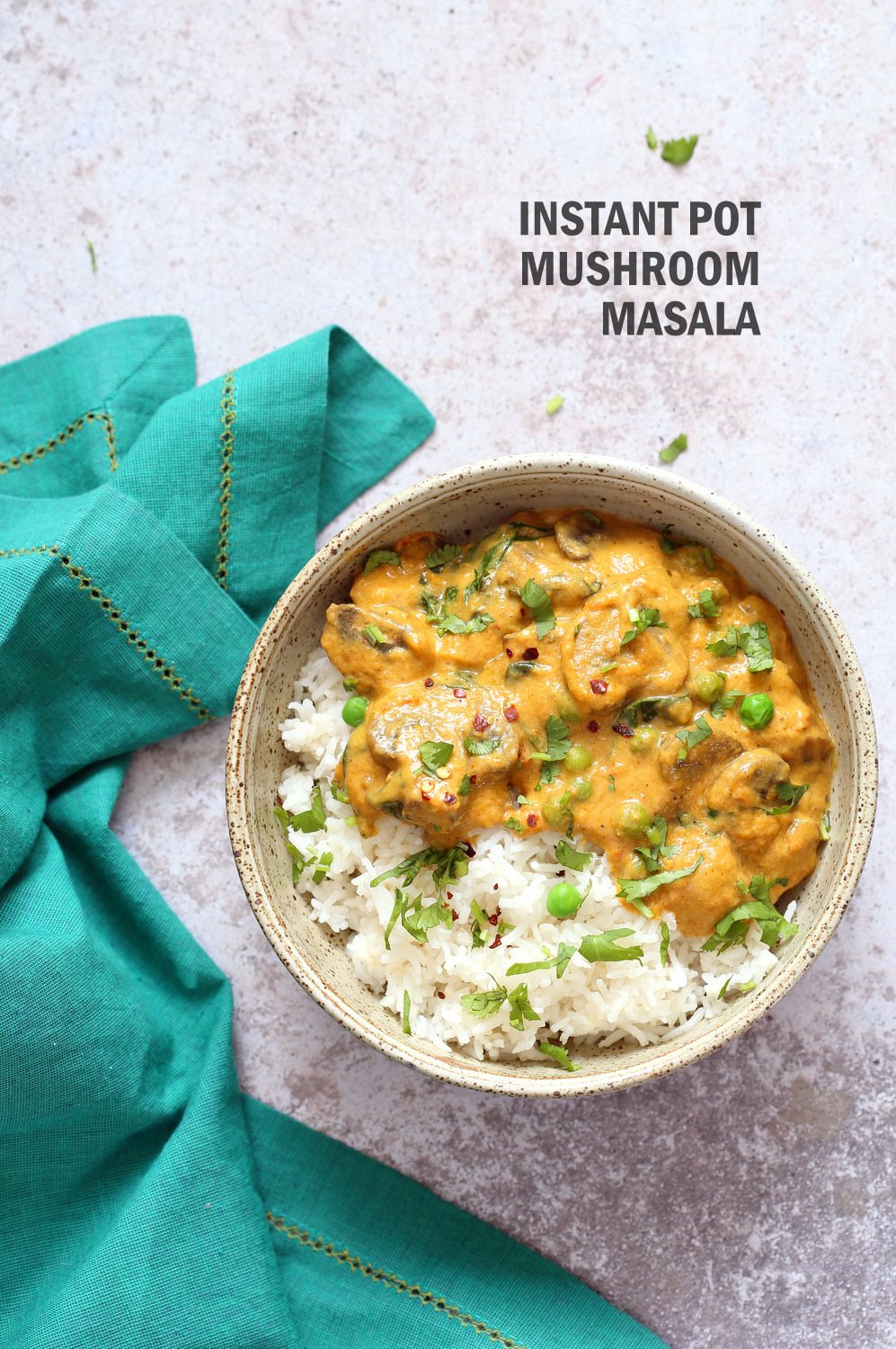 Instant Pot Mushroom Masala. Easy Mushrooms and peas in Creamy Sauce made in an Instant Pot. Add chickpeas for a hearty meal. #Vegan #Gluten-free #Soyfree #Recipe. Can be #nutfree  #VeganRicha