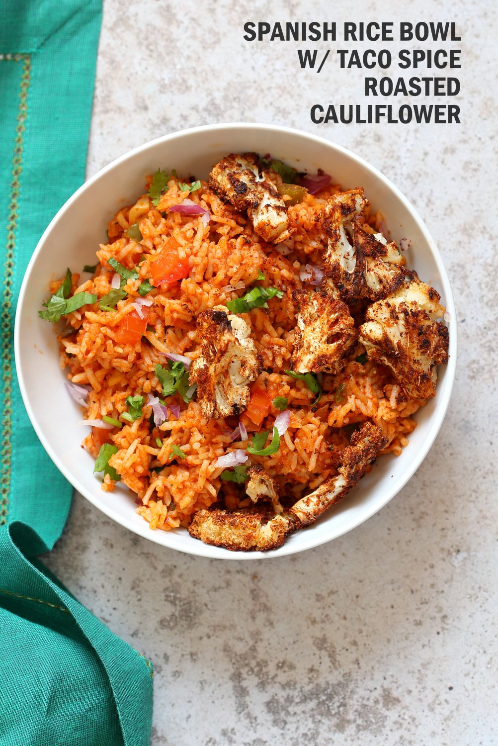 Easy Vegan Spanish Rice Bowl with Taco SpiceRoasted Cauliflower. Everyday Meal with everyday ingredients. Make into Burrito or wraps. 30 Mins! Easily made #oilfree #veganricha #Vegan #Glutenfree #Nutfree #Soyfree #Recipe | VeganRicha.com
