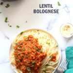 This Lentil Bolognese Sauce is hearty with Red lentils and Mushrooms and great with Spaghetti or other pasta. #Vegan #Soyfree #Nutfree #Recipe #VeganRicha. Can be gluten-free with #glutenfree #pasta | VeganRicha.com