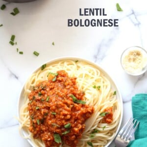 This Lentil Bolognese Sauce is hearty with Red lentils and Mushrooms and great with Spaghetti or other pasta. #Vegan #Soyfree #Nutfree #Recipe #VeganRicha. Can be gluten-free with #glutenfree #pasta | VeganRicha.com