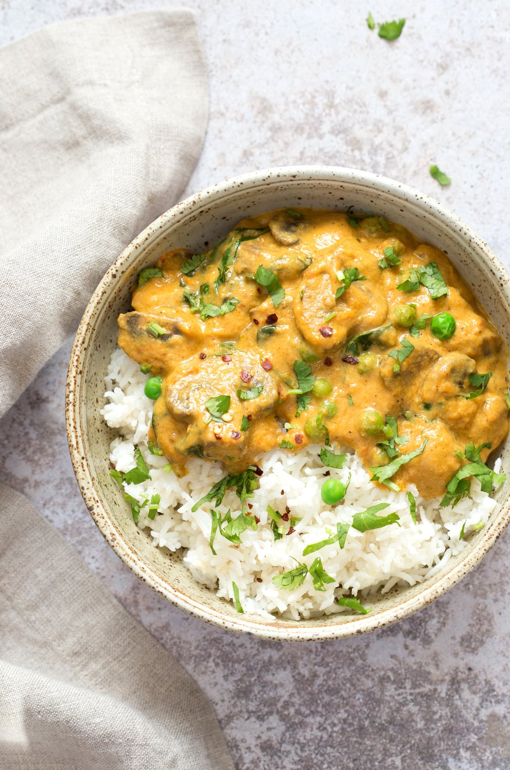 Instant Pot Mushroom Masala. Easy Mushrooms and peas in Creamy Sauce made in an Instant Pot. Add chickpeas for a hearty meal. #Vegan #Gluten-free #Soyfree #Recipe. Can be #nutfree  #VeganRicha