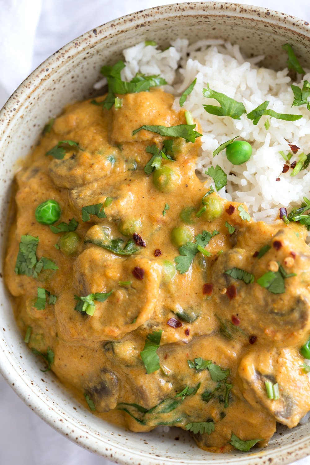 Instant Pot Mushroom Masala. Easy Mushrooms and peas in Creamy Sauce made in an Instant Pot. Add chickpeas for a hearty meal. #Vegan #Gluten-free #Soyfree #Recipe. Can be #nutfree  #VeganRicha